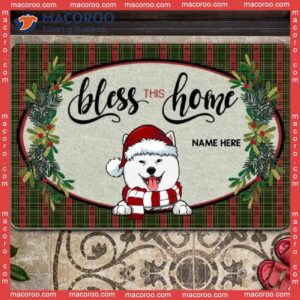 Gifts For Dog Lovers, Bless This Home Green Red Plaid Holiday Doormat,christmas Personalized Doormat