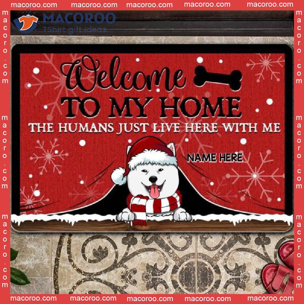 https://images.macoroo.com/wp-content/uploads/2023/08/gifts-for-dog-lovers-christmas-welcome-to-our-home-front-door-mat-peeking-from-curtain-custom-doormat-0.jpg