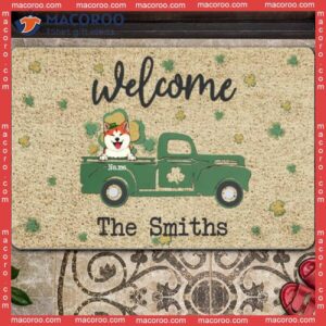 Gifts For Dog Lovers,st. Patrick’s Day Personalized Doormat, Welcome Dogs In Green Truck Outdoor Door Mat