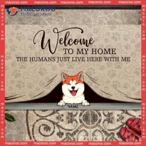 Gifts For Dog Lovers, Welcome To Our Home Personalized Doormat, Peeking From Curtain Front Door Mat