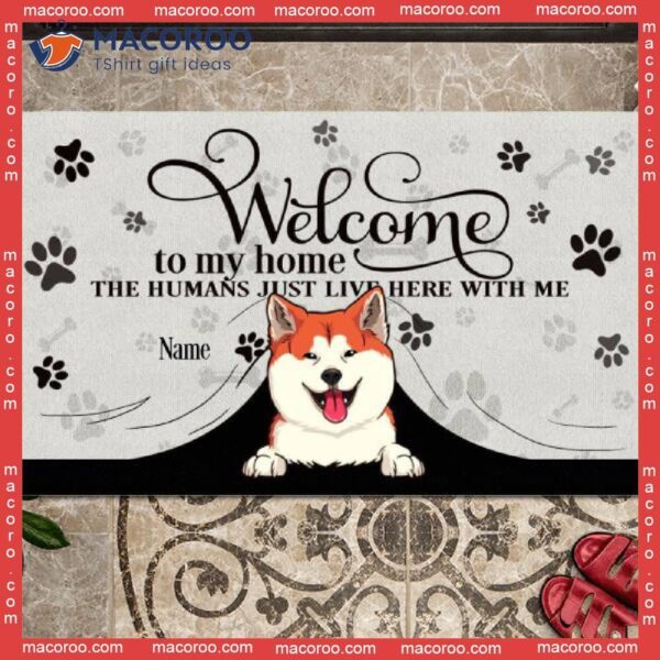 Gifts For Pet Lovers, Peeking From Curtain Beige Front Door Mat, Welcome To Our Home Custom Doormat