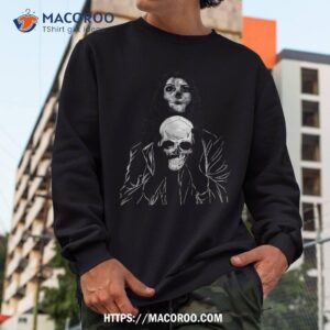 gothic woman holding a skull in her hand halloween shirt sugar skull pumpkin sweatshirt