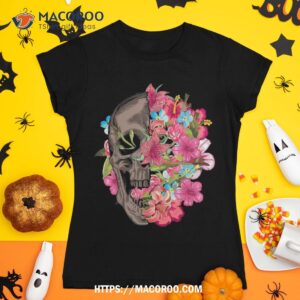 half skull with flowers cool halloween face gift shirt skeleton head tshirt 1