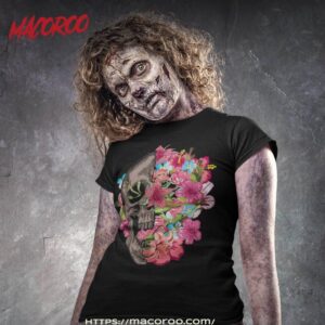 Half Skull With Flowers Cool Halloween Face Gift Shirt, Skeleton Head