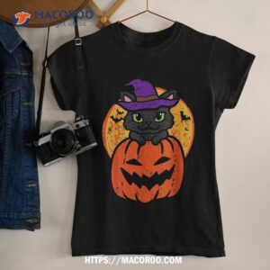 halloween black cat on pumpkin costume girls kids teen shirt tshirt