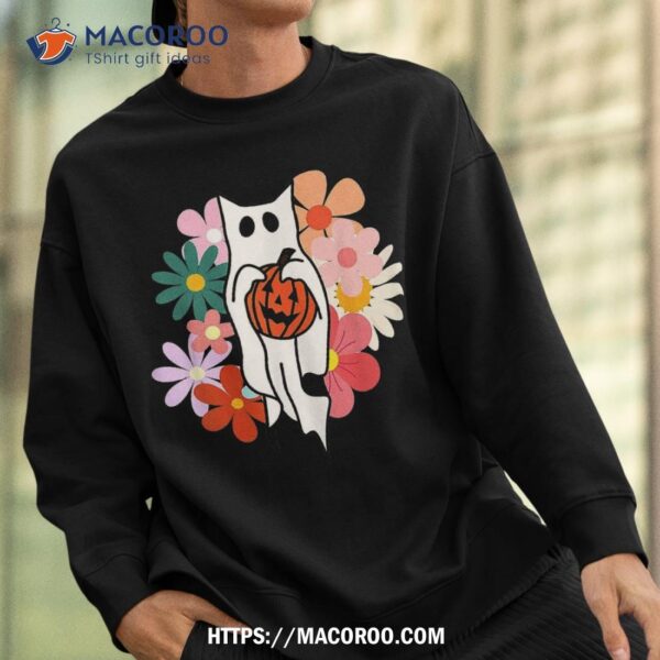 Halloween Costume Vintage Floral Ghost Cat Pumpkin Funny Shirt, Halloween Skull