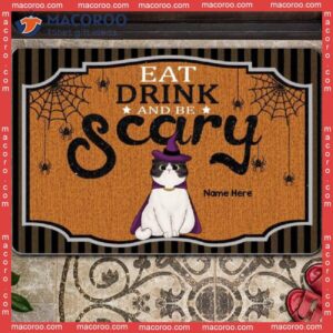 Halloween Custom Doormat,eat Drink And Be Scary Black Gray Striples Holiday Doormat, Gifts For Cat Lovers