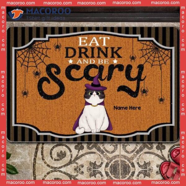 Halloween Custom Doormat,eat Drink And Be Scary Black Gray Striples Holiday Doormat, Gifts For Cat Lovers