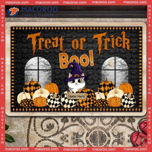 Halloween Custom Doormat, Gifts For Cat Lovers, Treat Or Trick Boo Witch Cats On Pattern Pumpkins Holiday Doormat
