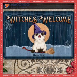 Halloween Custom Doormat, Witches Welcome Witch Cats On Broom And Full Moon Holiday Gifts For Cat Lovers