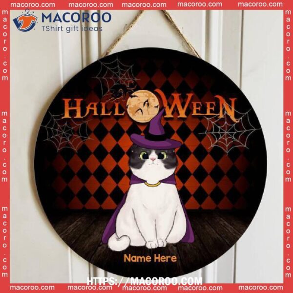 Halloween, Full Moon, Orange And Black Argyle Background, Personalized Cat Wooden Signs, Spooky Bouquet