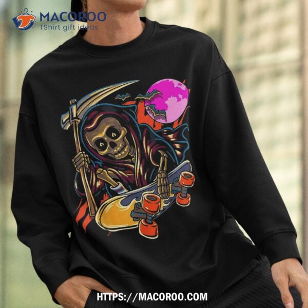 Halloween Grim Reaper Skateboarding Skull Bats Skate Death Shirt, Spooky Scary Skeletons