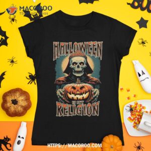 halloween is my religion skull priest and jack o lantern shirt skeleton head tshirt 1