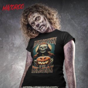 halloween is my religion skull priest and jack o lantern shirt skeleton head tshirt