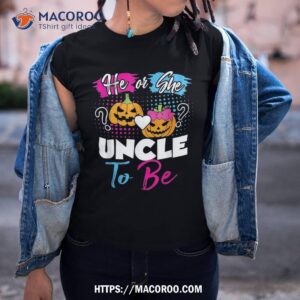 halloween pumpkin gender reveal he or she uncle to be shirt tshirt