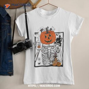 halloween pumpkin skeleton drinking coffee shirt tshirt