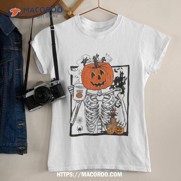 Halloween Pumpkin Skeleton Drinking Coffee Shirt