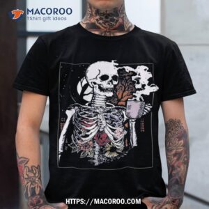 halloween vintage coffee drinking skeleton skull shirt scary skull tshirt