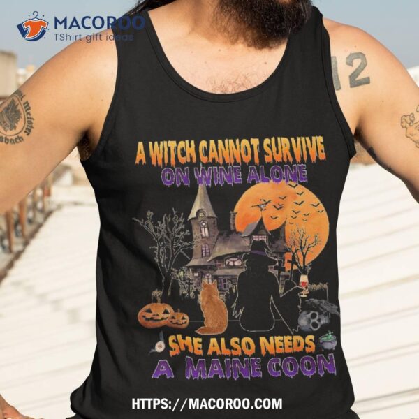 Halloween Witch On Wine And Funny Maine Coon Cat Costume Shirt