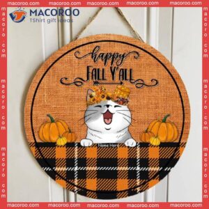 Happy Fall Y’all, Flowers Headband, Orange Plaid, Personalized Cat Autumn Wooden Signs