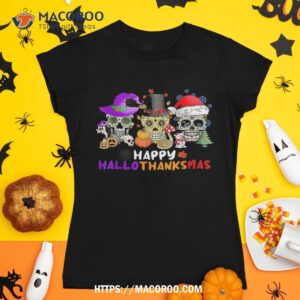 happy hallothanksmas funny halloween thanksgiving christmas shirt sugar skull pumpkin tshirt 1