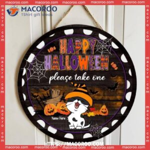 Happy Halloween, Cats Wear Orange Striples Hat, Personalized Cat Wooden Signs, Halloween Hostess Gifts
