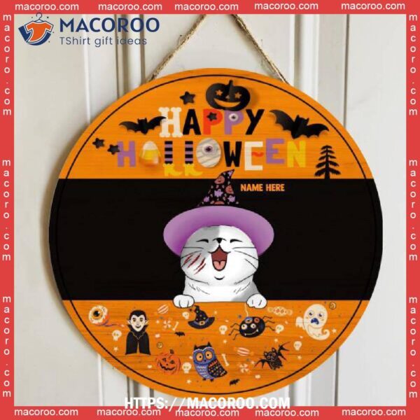 Happy Halloween, Cats Wear Witch Hat, Personalized Cat Wooden Signs, Fun Halloween Gifts