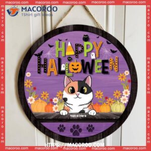 Happy Halloween, Flowers And Bats On Purple Door, Personalized Cat Wooden Signs, Small Halloween Gifts