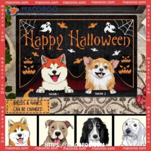 Happy Halloween, Peeking Dogs, Personalized Dog Halloween Doormat, Halloween Gifts For Tweens