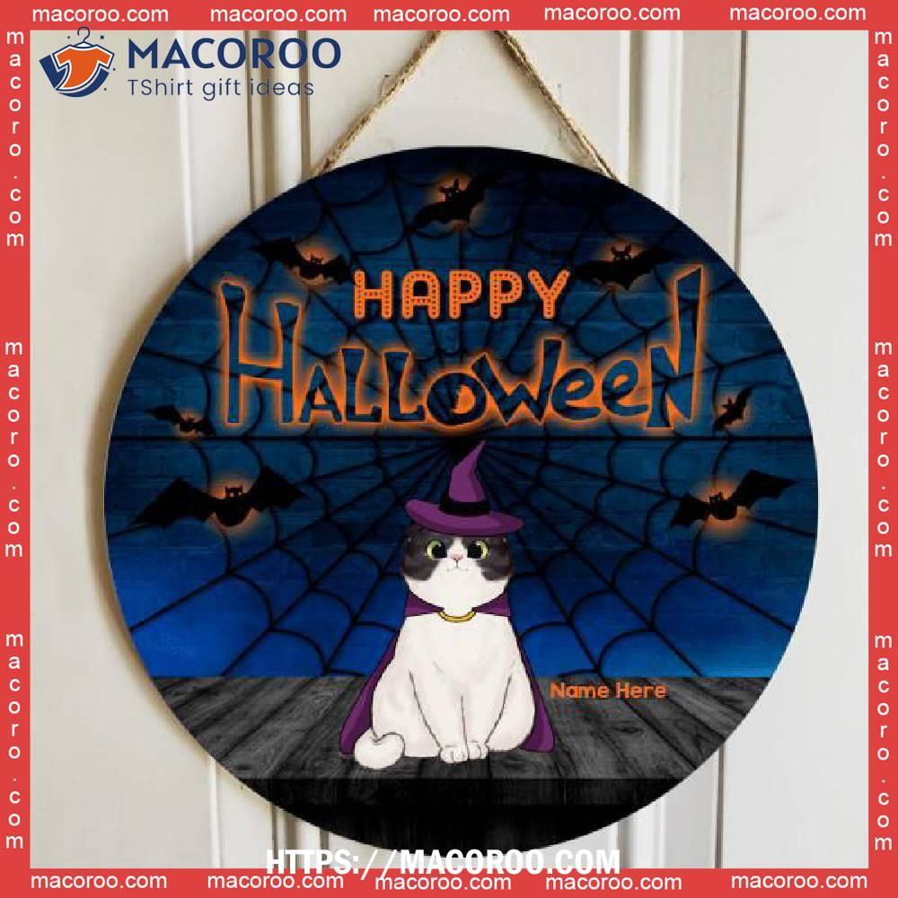Happy Halloween, Spiderweb And Bat, Personalized Cat Halloween Wooden Signs, Unique Halloween Gifts