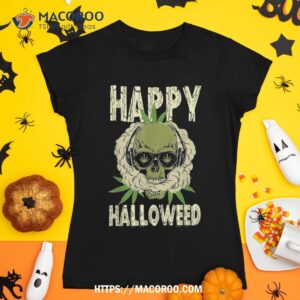 happy halloween weed skull skeleton smoking marijuana stoner shirt sugar skull pumpkin tshirt 1