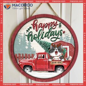 Happy Holiday, Red Truck Snow, Personalized Cat Christmas Wooden Signs