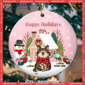 Happy Holidays Candy House Pink Circle Ceramic Ornament, Cat Ornaments For Christmas Tree