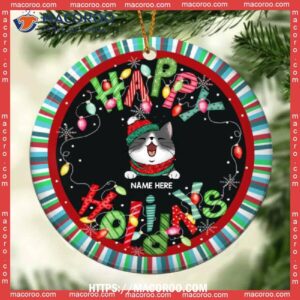 Happy Holidays Colorful Stripes Around Circle Ceramic Ornament, Hallmark Cat Ornaments