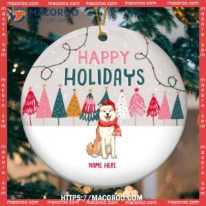 Happy Holidays Gray Sky With Snow Circle Ceramic Ornament, Golden Retriever Ornament