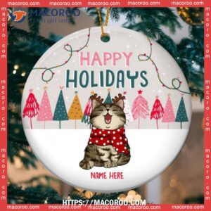 Happy Holidays Gray Sky With Snow Circle Ceramic Ornament, Kitten Ornaments