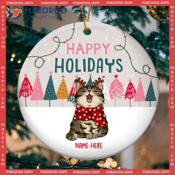 Happy Holidays Gray Sky With Snow Circle Ceramic Ornament, Personalized Cat Lovers Decorative Christmas Ornament