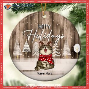 Happy Holidays Old Brown Wooden Circle Ceramic Ornament, Personalized Cat Ornaments