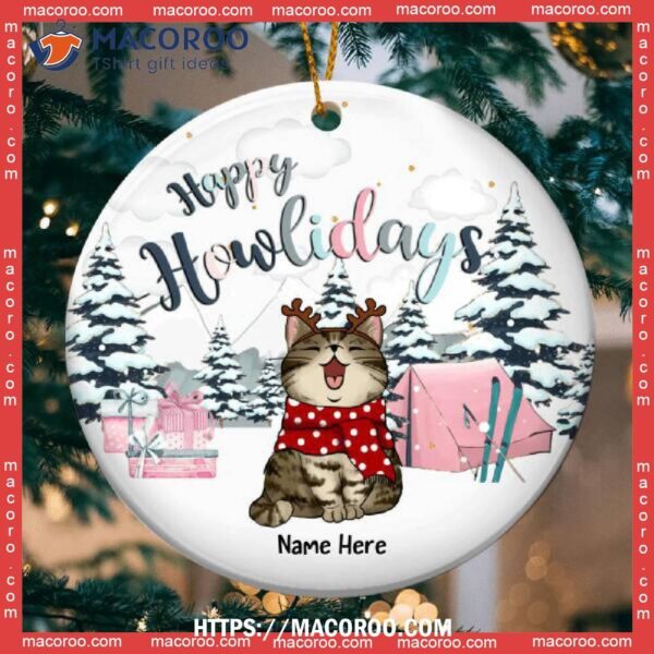 Happy Holidays Pastel Pink Tent & Gifts Circle Ceramic Ornament, Bengals Christmas Ornaments