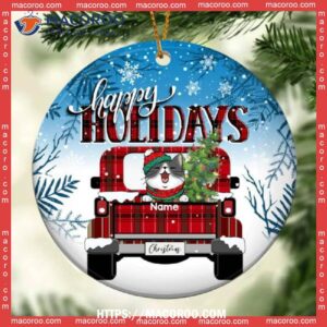 Happy Holidays Red Truck Blue Ombre Circle Ceramic Ornament, Kitten Ornaments