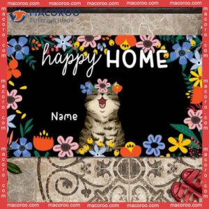 Happy Home Floral Wreath Outdoor Door Mat, Custom Doormat, Gifts For Cat Lovers