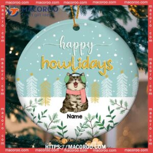 Happy Howlidays Circle Ceramic Ornament, Cat With Floral Background, Personalized Lovers Decorative Christmas Ornament, Grey Cat Ornaments