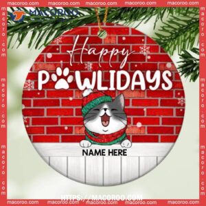 Happy Pawlidays, Brick Wall Circle Ceramic Ornament, Cat Christmas Tree Ornaments