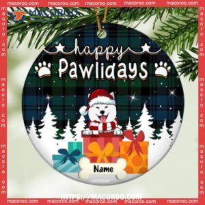 Happy Pawlidays, Christmas Tree & Gifts, Plaid Circle Ceramic Ornament, Personalized Dog Breed Ornament, Custom Dog Ornaments