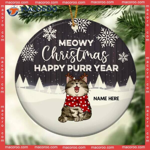 Happy Purr Year Dark Grey Wooden Circle Ceramic Ornament, Personalized Cat Lovers Decorative Christmas Ornament