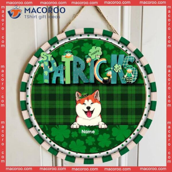 Happy St. Patrick’s Day, Green Plaid Door Hanger, Personalized Dog Breeds Wooden Signs, Front Decor, Lovers Gifts