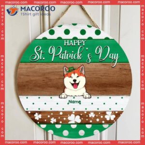 Happy St. Patrick’s Day, Polka Dot & Shamrock, Personalized Dog Cat Wooden Signs, Front Door Decor, Gifts For Pet Lovers