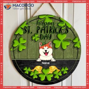 Happy St. Patrick’s Day, Shamrock & Gold Coin, Personalized Dog Cat Wooden Signs, Front Door Decor, Pet Lovers Gifts
