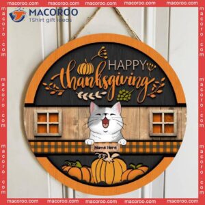 Happy Thanksgiving, Laughing Cats On Orange Plaid Table, Personalized Cat Wooden Signs