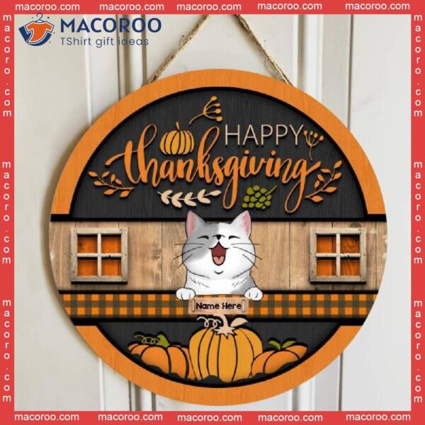 Happy Thanksgiving, Laughing Cats On Orange Plaid Table, Personalized Cat Wooden Signs